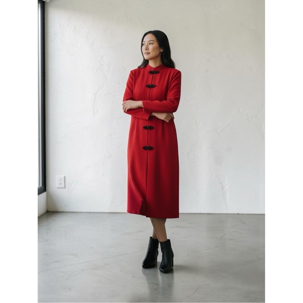 Zara Women's Red/Black A-Line Mid-Length Dress Frog Closure Collared L